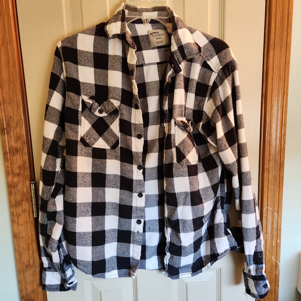 Black white Buffalo Check plaid flannel  button down